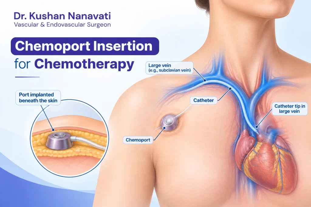 Chemoport insertion for chemotherapy showing implanted venous access port