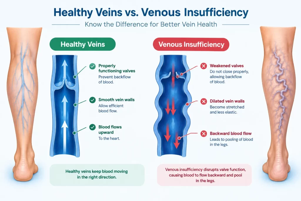 Difference between healthy leg veins and varicose veins